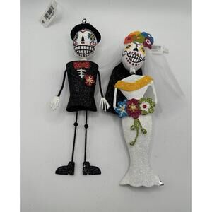 Pier 1 Imports Halloween 7" Day of the Dead Floral Glitter Bride Groom Ornaments